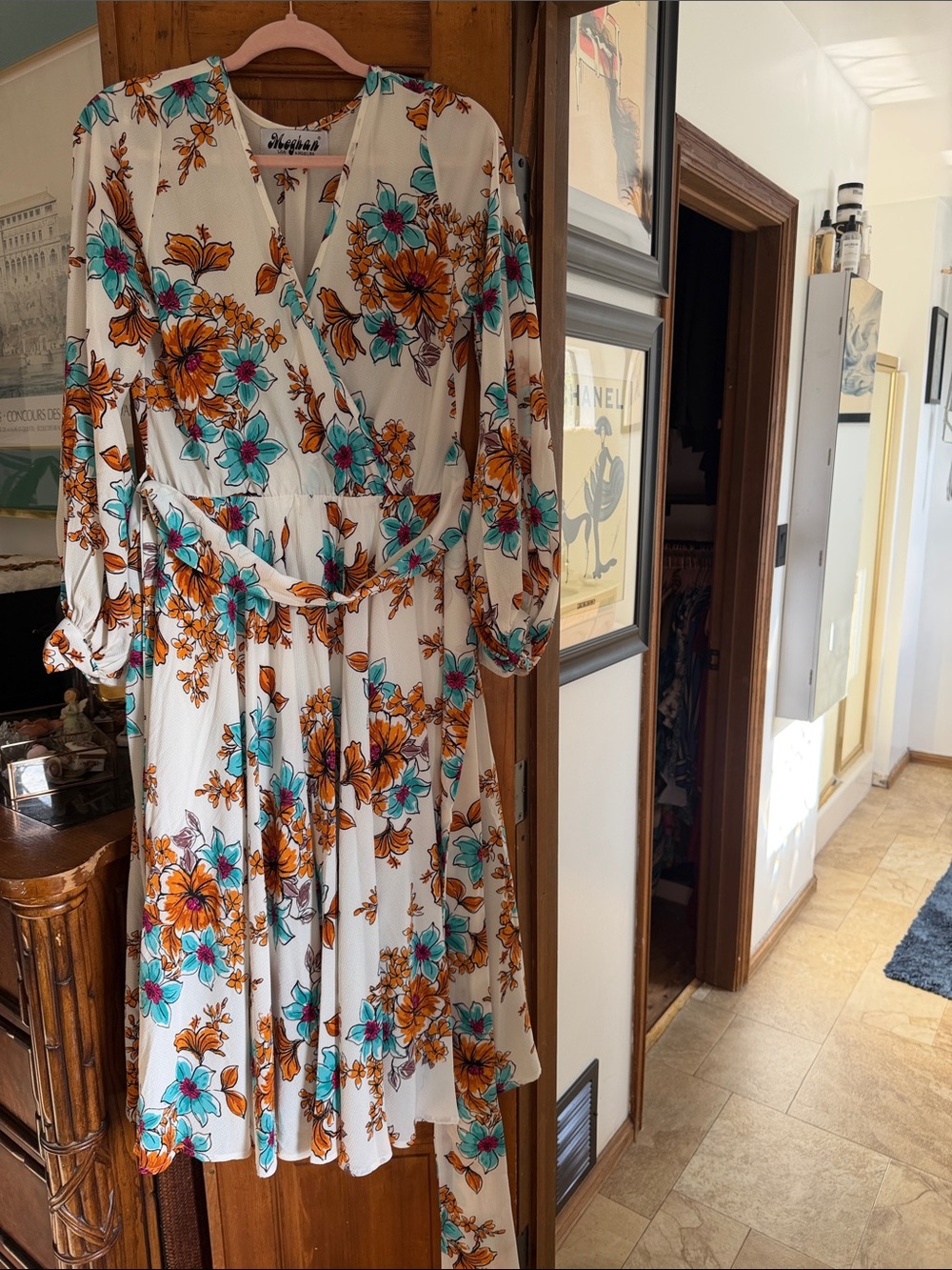 Meghan LA Cream Floral Wrap Dress with Orange & Teal Blooms